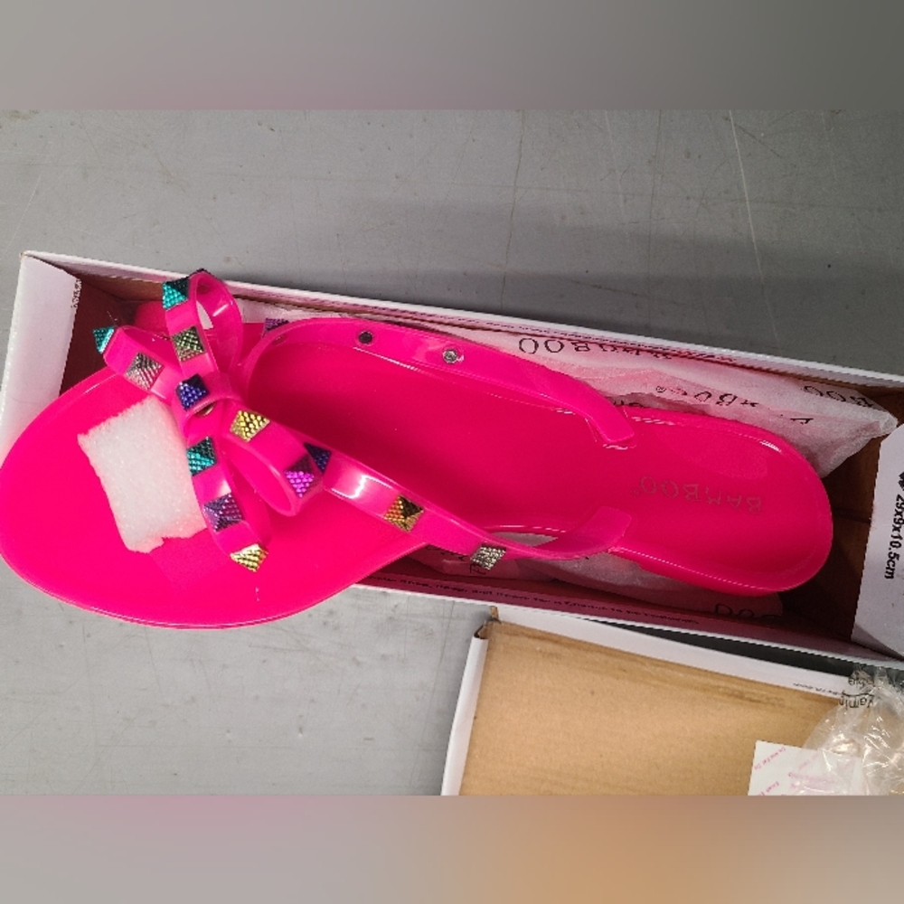 BAMBOO Women's Neon Pink Jelly Bow Sandals with Multicolor Studs